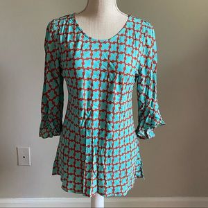 Escapada Bell Sleeve Top Blue and Orange Print